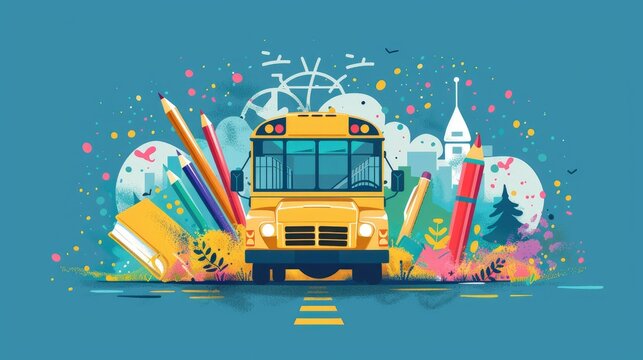 Colorful School Bus with Back-to-School Elements in Vibrant Inspirational Illustration