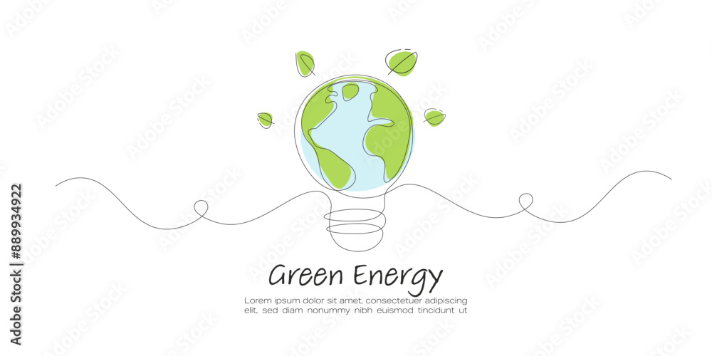Poster light bulb with the earth. continuous line art drawing. ecology and environment concept. line art ve