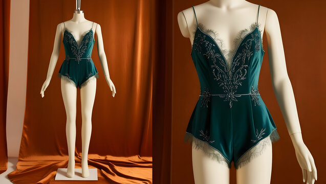 a beautiful playsuit with a unique design and a comfortable fit, on a mannequin.