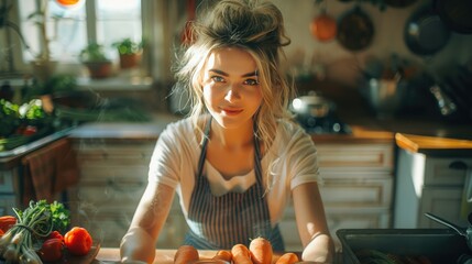 Fototapeta premium Young Woman Preparing Fresh Vegetables in Sunlit Kitchen