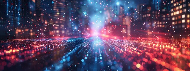 Fototapeta premium Futuristic Cityscape with Glowing Digital Lights and Bokeh Effect