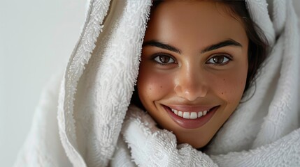 Smiling Woman Wrapped in White Towel Fresh, Radiant, Natural Beauty Portrait