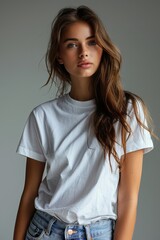 Fototapeta premium White tshirt mockup on woman model created with Generative AI