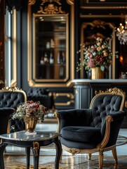Plush chairs and floral arrangements, opulent black and gold decor in an elegant luxury sitting room