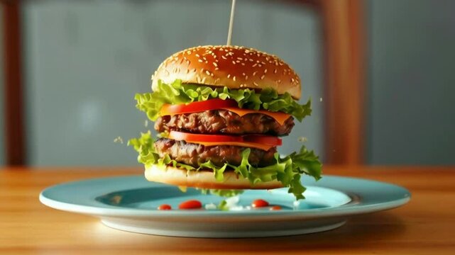 floating burger composition on plate, food photography