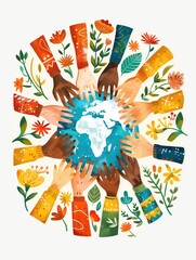 Unity in Diversity, colorful hands encircle the globe symbolizing global harmony surrounded by vibrant flowers and leaves