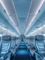 Modern airplane cabin, empty rows of blue leather seats, overhead storage compartments closed, ambient lighting, serene atmosphere.