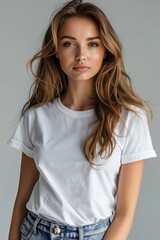 Fototapeta premium White tshirt mockup on woman model created with Generative AI