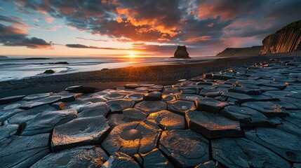 Sunrise Over Black Sand Beach With Geometric Rock Formations