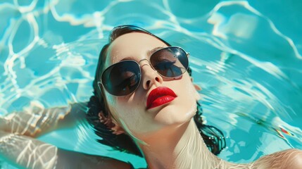 Naklejka premium chic woman in oversized sunglasses lounging in a crystalclear infinity pool bright red lips pop against the aquamarine water exuding summer glamour and carefree luxury