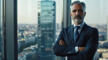 Fototapeta premium confident mature businessman in tailored suit standing in corner office panoramic city view arms crossed embodying success and leadership