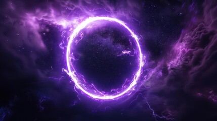 Obraz premium cosmic energy ring mesmerizing purple neon circle pulsating with electric energy against starry void creating sense of infinite power