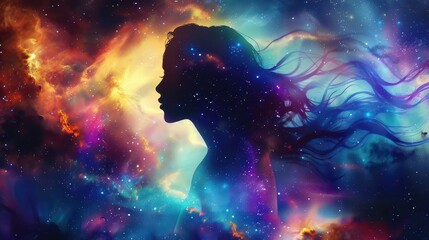 cosmic goddess silhouette flowing ethereal form merging with starry galaxy vibrant nebula colors spiritual energy radiating through universe