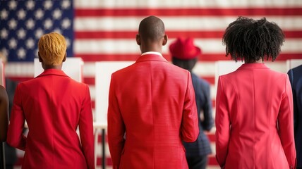 Obraz premium Delegates casting votes at a USA political convention, in a room filled with patriotic symbols and campaign materials