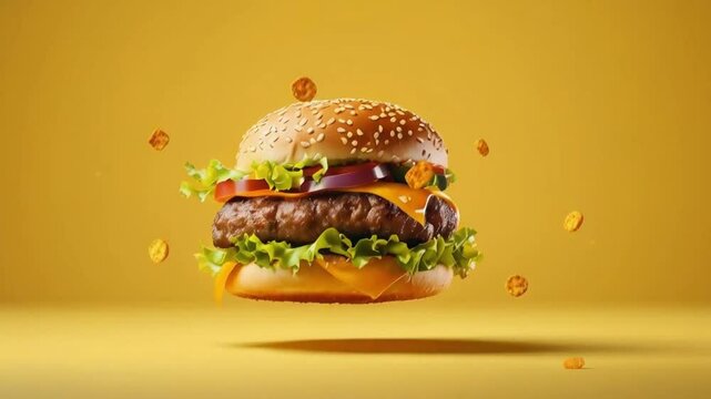 floating burger composition on solid background, food photography