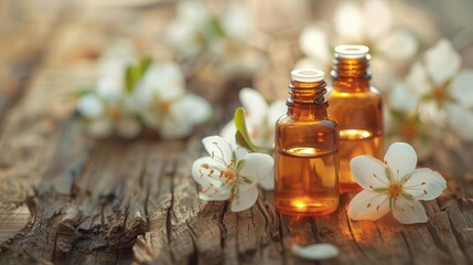 delicate neroli blossoms and essential oil bottles arranged on weathered wood soft natural lighting highlights the texture and aroma creating a serene spalike atmosphere