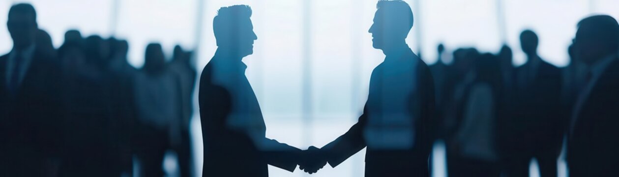 Political party meeting close up, focus on, copy space Bold, crisp details Double exposure silhouette with handshake
