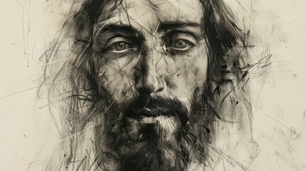 Fototapeta premium ethereal charcoal sketch of jesus christ with expressive eyes and gentle smile rendered with delicate lines and subtle shading on textured paper conveying spiritual depth and compassion