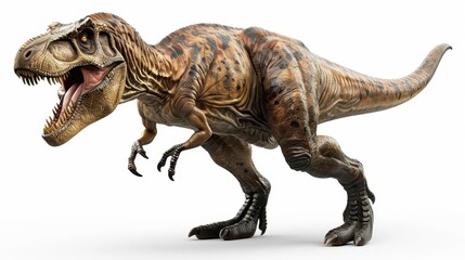 Fototapeta premium fierce tyrannosaurus rex in dynamic pose isolated on pristine white background highly detailed 3d rendering showcases the dinosaurs imposing features and texture