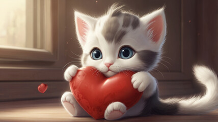 cute kitten with a red heart