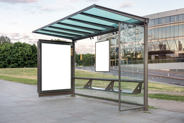 Two Mockups Of Bus Stop Advertising Billboards. Blank Outdoor Poster Layout On A City Street