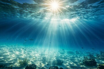 Fototapeta premium Underwater scene with sunlight beams shining through the clear blue-green water, creating a serene and tranquil atmosphere