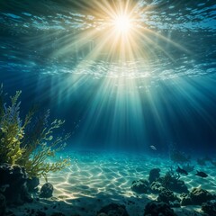 Fototapeta premium Underwater scene featuring fish swimming among coral reefs with sunlight penetrating the blue water.
