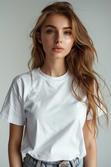 Fototapeta premium White tshirt mockup on woman model created with Generative AI