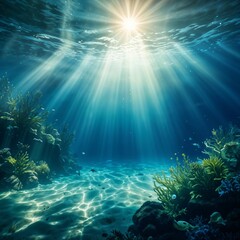 Obraz premium Underwater scene featuring fish swimming among coral reefs with sunlight penetrating the blue water. 