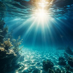 Obraz premium Underwater scene featuring fish swimming among coral reefs with sunlight penetrating the blue water. 