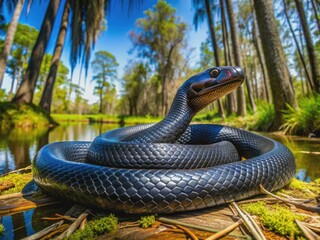 A sleek Eastern Indigo Snake coils in a muddy swamp, its iridescent scales glistening in dappled sunlight filtering through cypress trees and Spanish moss.