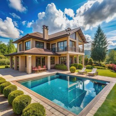 Fototapeta premium Luxurious two-story country house with panoramic windows, balcony, and flat roof, surrounded by lush landscaped grounds and sparking swimming pool on a sunny summer day.