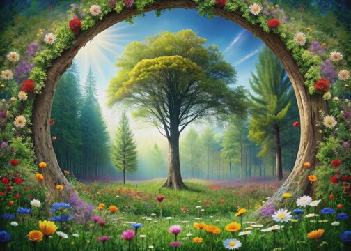 A serene forest scene featuring a tall tree surrounded by a ring of vibrant flowers, symbolizing harmony with nature on Earth Day.