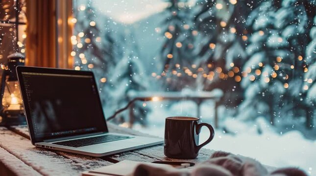 Cup of coffee and laptop by a window overlooking a snowy winter landscape, featuring a cozy and productive workspace with a serene v Seamless looping 4k time-lapse virtual video animation Generated AI