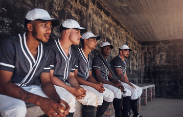 Baseball, team and dugout for watch for sports, anxious and support in shade for competition. Field, diversity and rest for substitution for male people, nervous and athlete for softball club match