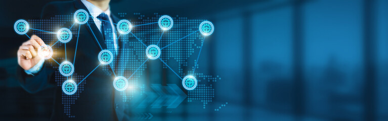 Businessman global structure networking and automotive industry connection, synergy, service, innovation, and value network.