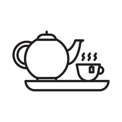 Teapot with teabag on cup icon Black line art vector logo