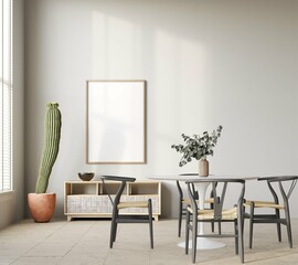 mockup poster frame in cozy home interior background, modern scandinavian style  dining room, 3d render