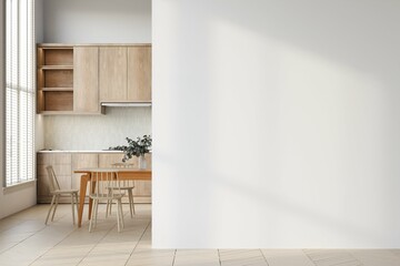 empty wall in cozy home interior background, modern scandinavian style kitchen and dining room, 3d render
