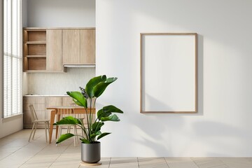 Mock up frame in cozy home interior background, modern scandinavian style kitchen and dining room, 3d render