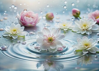 Delicate water droplets and fresh flowers gently wrap around a soft focus area, evoking a sense of luxurious moisturizing and pampering on a serene light background.