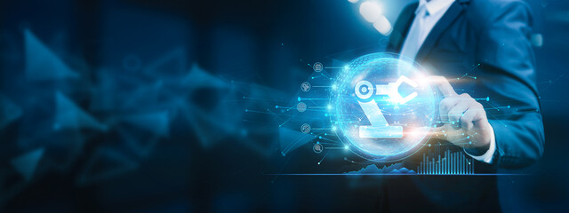 Businessman hold the circle of network structure in the manufacturing concept. Management and collaboration in the manufacturing network Industrial growth and supply chain integration network.