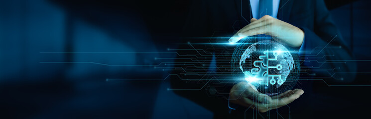 Deep learning, cutting-edge technology, businessmen harnessing deep learning technology on a global network, innovation, and automation are transforming industries and shaping the future.