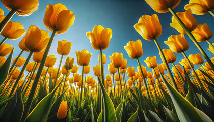 Obraz premium Bright Yellow Tulips Reaching for the Sun in a Spring Field