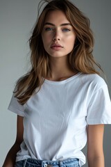 Fototapeta premium White tshirt mockup on woman model created with Generative AI