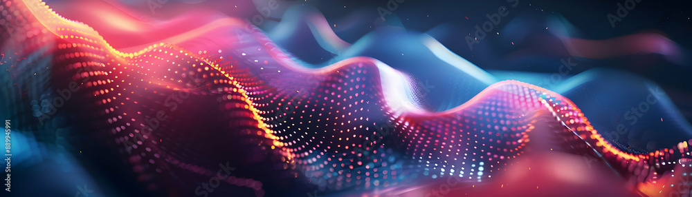Wall mural abstract 3d background with wavy lines and glowing particles