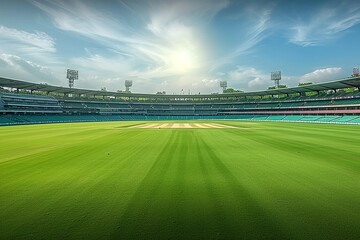 an empty cricket stadium with a lush green field. Generative AI