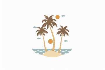 Minimalist tropical island with palm trees and ocean in a serene modern illustration