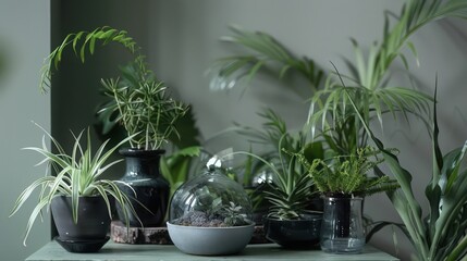 Explain how to create a balanced and aesthetically pleasing houseplant arrangement."