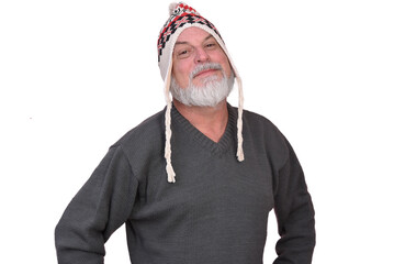 portrait business man with white beard bald facial expression wearing beret beanie fashion image isolated on white transparent background